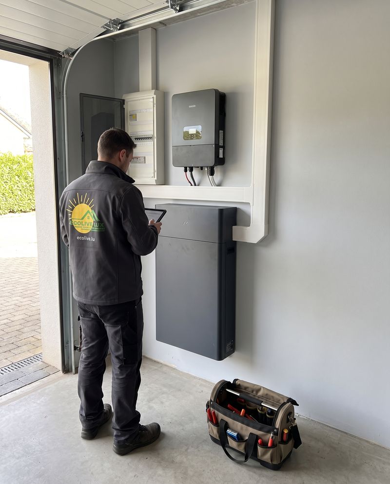 Installateur Ecolive Lux mettant en service une batterie domestique et un onduleur dans un garage, tablette en main