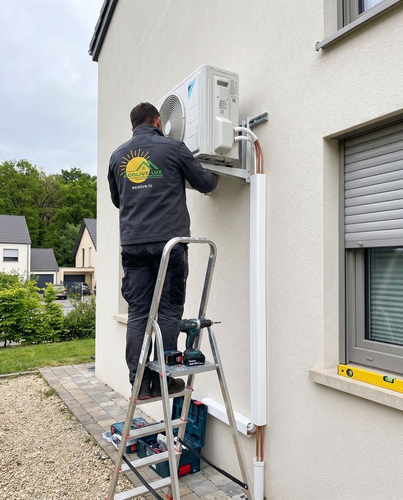 Technicien Ecolive Lux fixant une unité extérieure de climatisation sur une façade