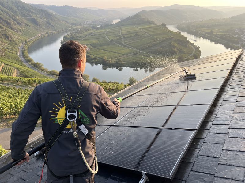 Technicien Ecolive Lux nettoyant des panneaux photovoltaïques avec une brosse à eau osmosée, vallée de la Moselle