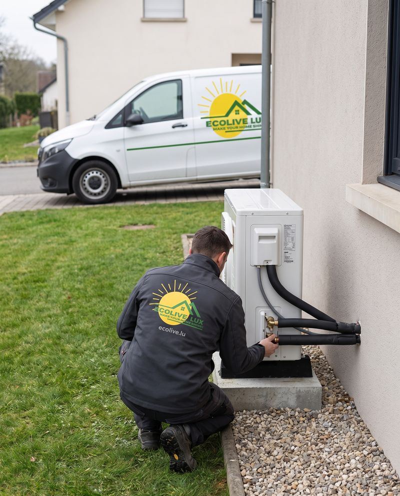 Technicien Ecolive Lux raccordant une pompe à chaleur air-eau le long d'une maison, camionnette Ecolive Lux en arrière-plan
