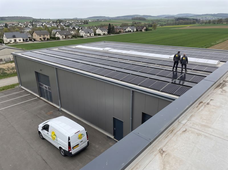 Installateurs Ecolive Lux sur la toiture d'un hall industriel, panneaux photovoltaïques en cours de pose